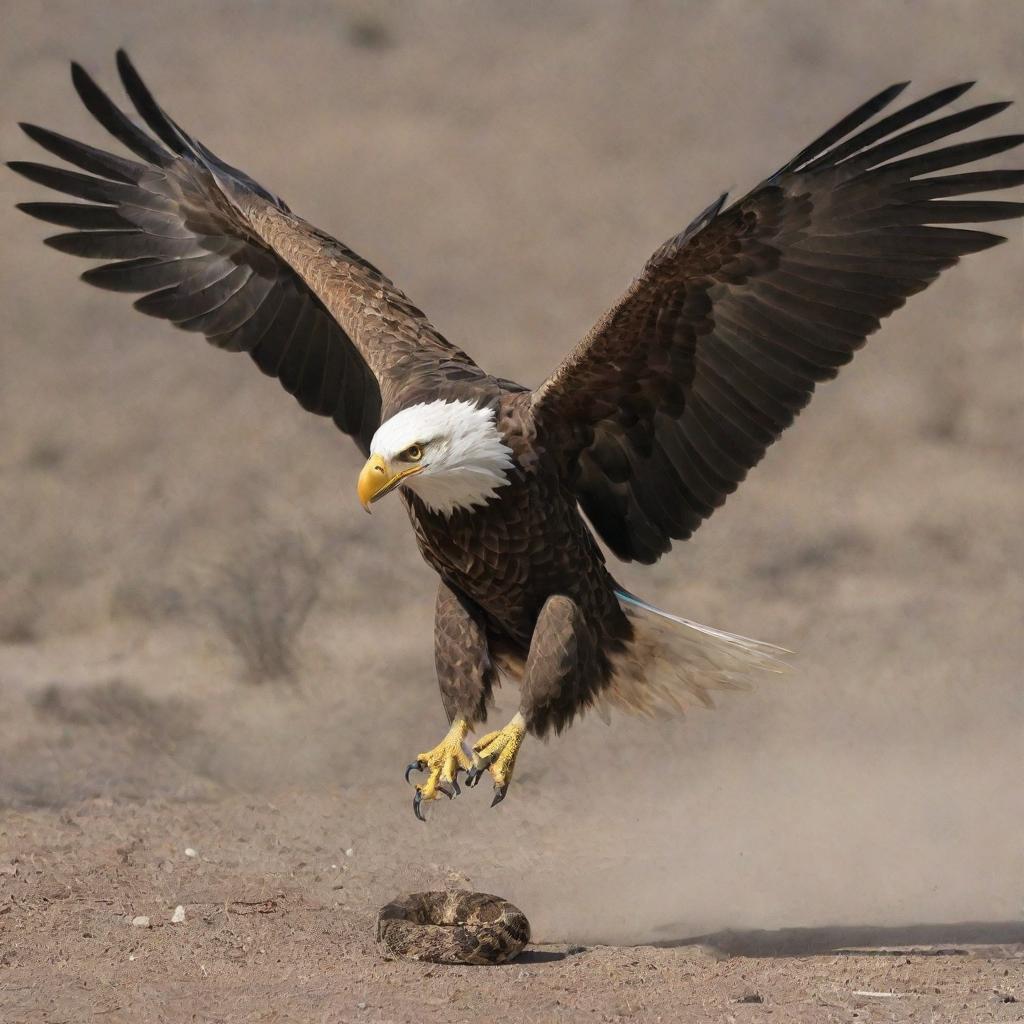 A powerful eagle in flight, with sharp talons extended, in a dramatic scene with a rattlesnake poised to strike back.