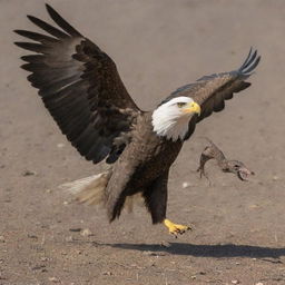 A powerful eagle in flight, with sharp talons extended, in a dramatic scene with a rattlesnake poised to strike back.