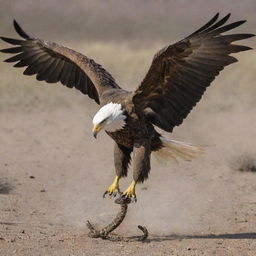 A powerful eagle in flight, with sharp talons extended, in a dramatic scene with a rattlesnake poised to strike back.