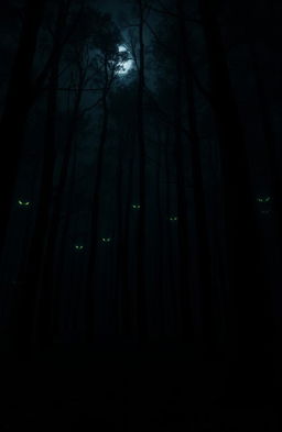 A dark, eerie forest at night, filled with towering trees shrouded in mist