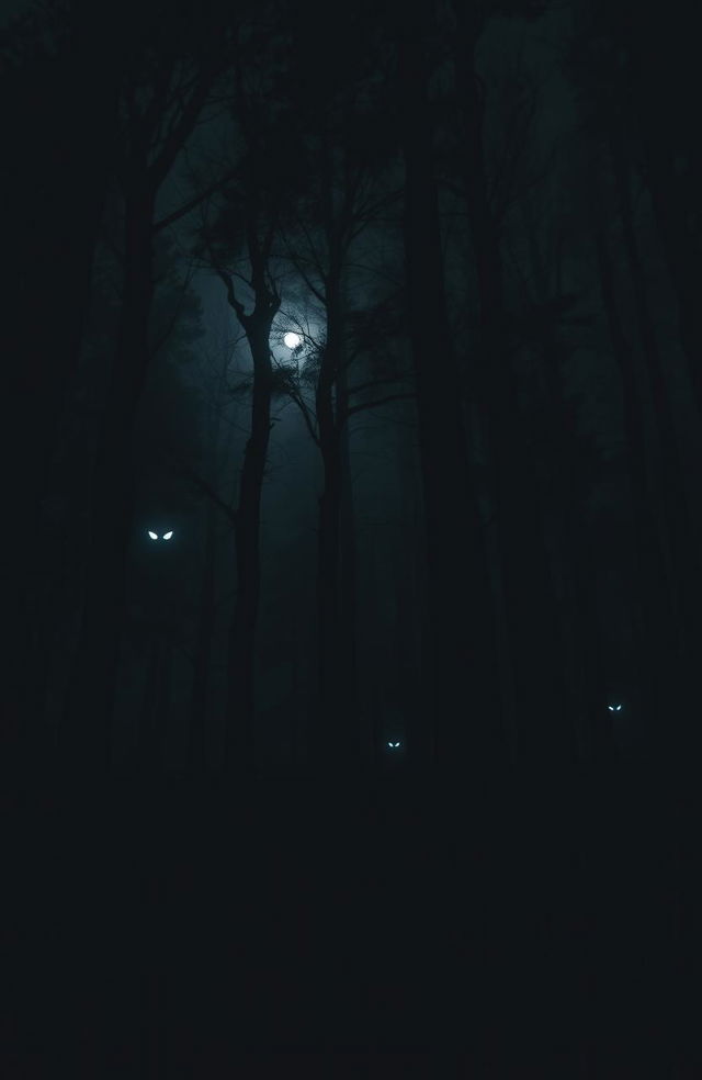 A dark, eerie forest at night, filled with towering trees shrouded in mist