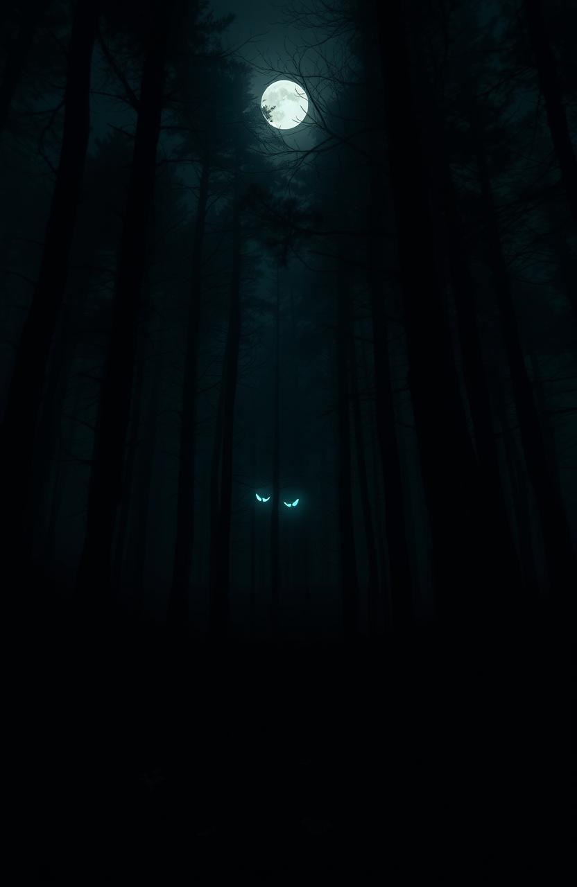 A dark, eerie forest at night, filled with towering trees shrouded in mist