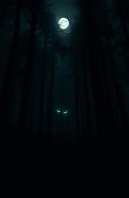 A dark, eerie forest at night, filled with towering trees shrouded in mist