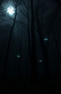 A dark, eerie forest at night, filled with towering trees shrouded in mist