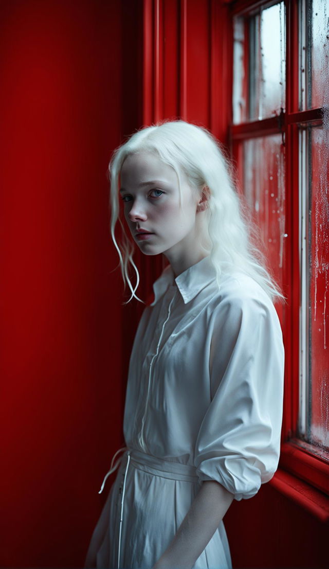 Albino teenage girl in white dress in a minimalist red room under low light. Rain visible through window. Raw, unedited 16k photograph capturing side view of symmetrical facial features.