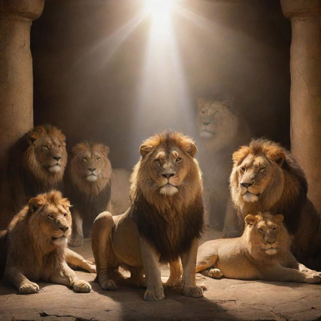 A biblical scene of Daniel encircled by majestic, calm lions in a torch-lit den, beams of light illuminating his peaceful face.