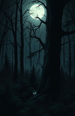 A dark, eerie forest filled with tall, gnarled trees and thick underbrush under a moonlit night sky