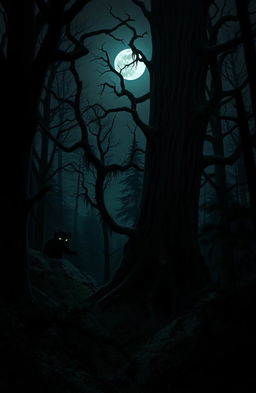 A dark, eerie forest filled with tall, gnarled trees and thick underbrush under a moonlit night sky