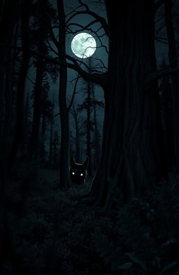 A dark, eerie forest filled with tall, gnarled trees and thick underbrush under a moonlit night sky