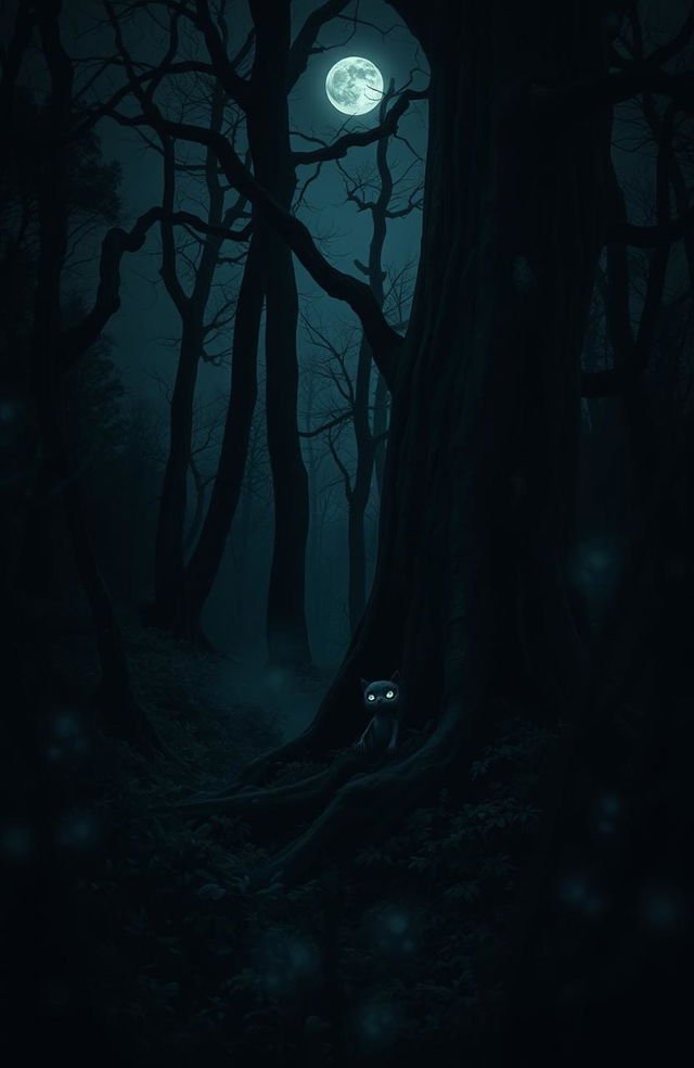 A dark, eerie forest filled with tall, gnarled trees and thick underbrush under a moonlit night sky