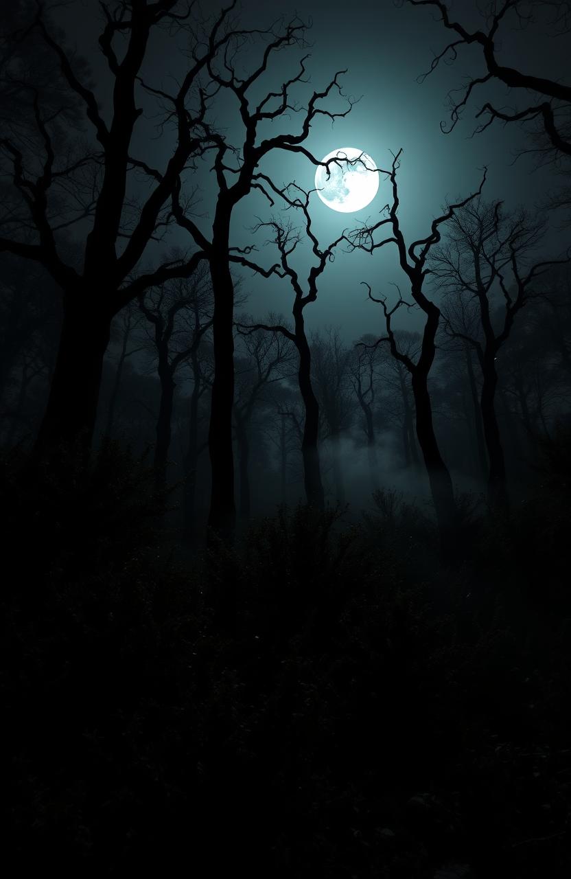 A frighteningly dark forest scene at night, featuring tall, twisted trees with gnarled branches silhouetted against a moonlit sky