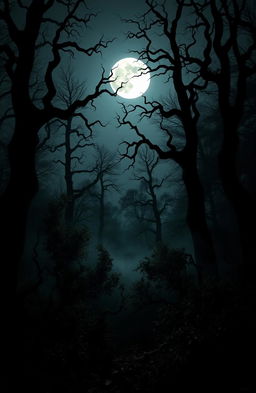 A frighteningly dark forest scene at night, featuring tall, twisted trees with gnarled branches silhouetted against a moonlit sky