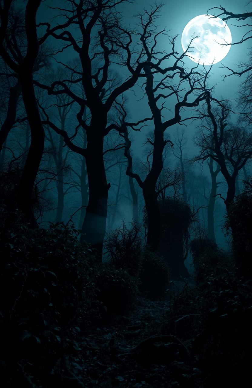 A frighteningly dark forest scene at night, featuring tall, twisted trees with gnarled branches silhouetted against a moonlit sky