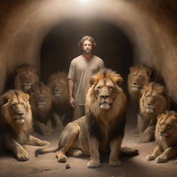 A biblical scene of Daniel encircled by majestic, calm lions in a torch-lit den, beams of light illuminating his peaceful face.