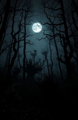 A frighteningly dark forest scene at night, featuring tall, twisted trees with gnarled branches silhouetted against a moonlit sky