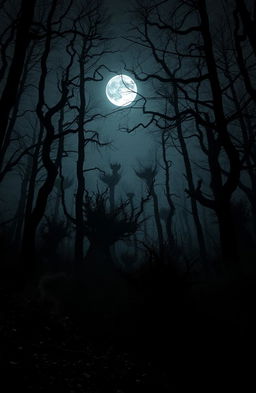 A frighteningly dark forest scene at night, featuring tall, twisted trees with gnarled branches silhouetted against a moonlit sky