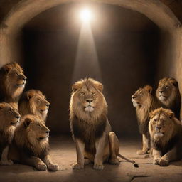 A biblical scene of Daniel encircled by majestic, calm lions in a torch-lit den, beams of light illuminating his peaceful face.