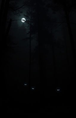 A dark forest at night, filled with tall, shadowy trees and thick underbrush