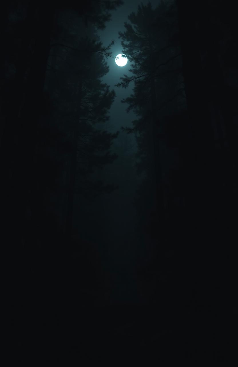 A dark forest at night, filled with tall, shadowy trees and thick underbrush