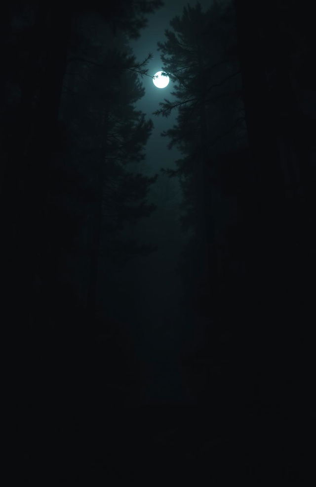 A dark forest at night, filled with tall, shadowy trees and thick underbrush