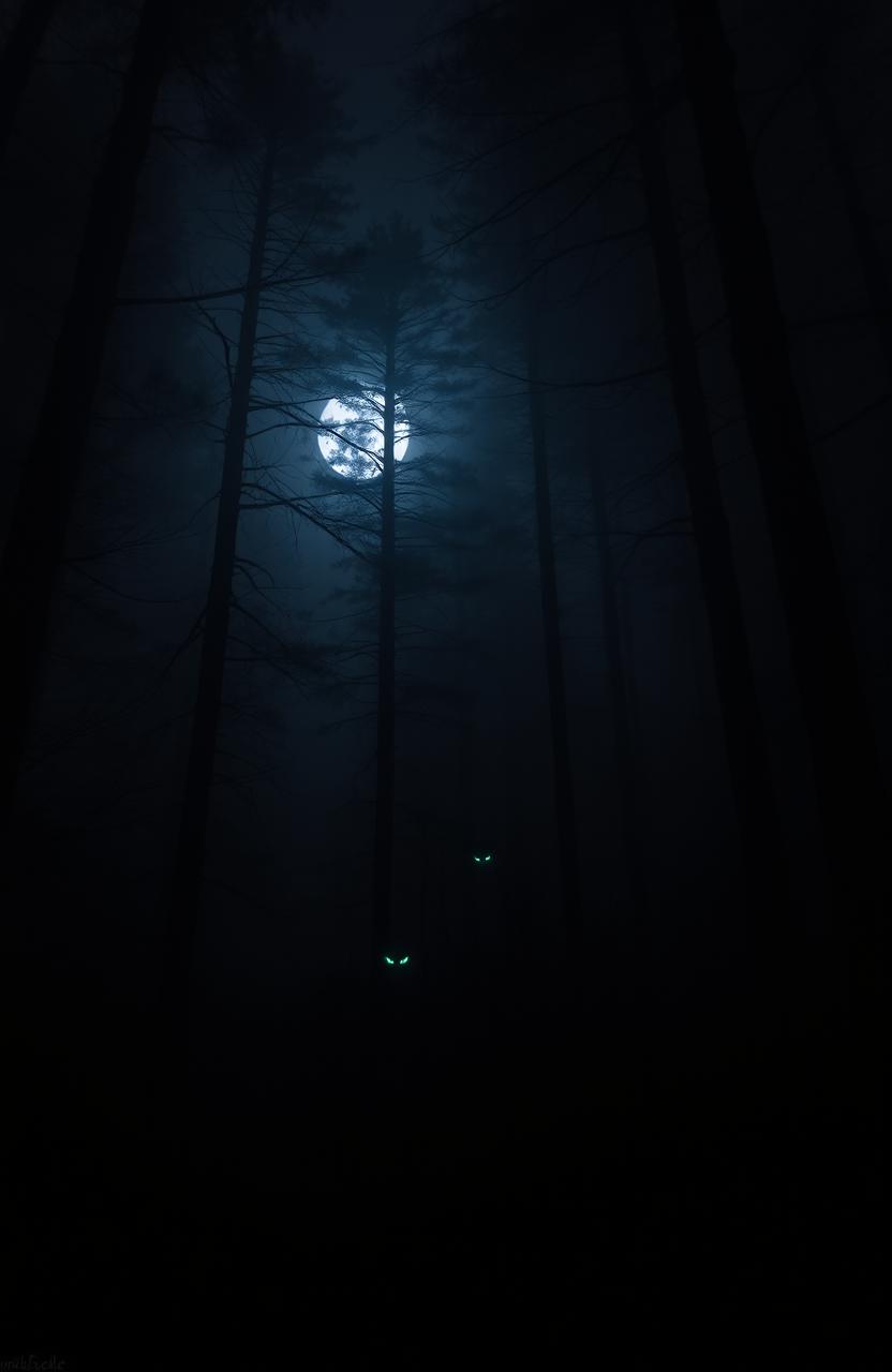 A dark forest at night, filled with tall, shadowy trees and thick underbrush