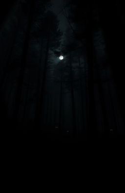 A dark forest at night, filled with tall, shadowy trees and thick underbrush