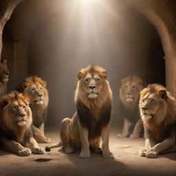 A biblical scene of Daniel encircled by majestic, calm lions in a torch-lit den, beams of light illuminating his peaceful face.