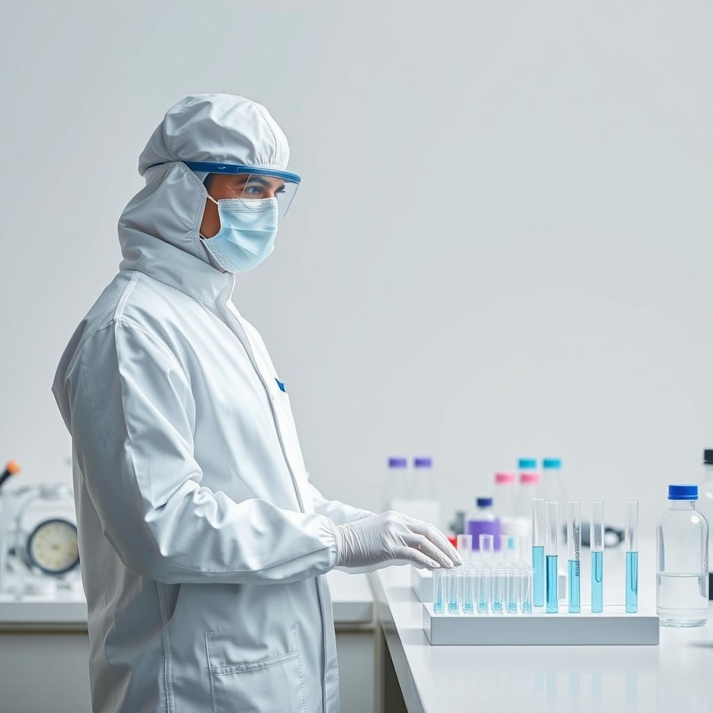 An atmospheric depiction of a DNA laboratory where a scientist dressed in a full white protective suit, complete with a mask, gloves, and safety goggles, stands attentively at a DNA testing workstation