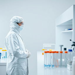 An atmospheric depiction of a DNA laboratory where a scientist dressed in a full white protective suit, complete with a mask, gloves, and safety goggles, stands attentively at a DNA testing workstation