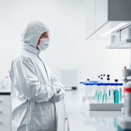 An atmospheric depiction of a DNA laboratory where a scientist dressed in a full white protective suit, complete with a mask, gloves, and safety goggles, stands attentively at a DNA testing workstation