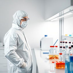 An atmospheric depiction of a DNA laboratory where a scientist dressed in a full white protective suit, complete with a mask, gloves, and safety goggles, stands attentively at a DNA testing workstation