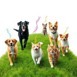 A serene scene depicting dogs and cats joyfully walking on lush green grass