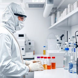 An intricate scene inside a DNA laboratory featuring a scientist dressed in a full white protective suit, including a mask, gloves, and safety goggles