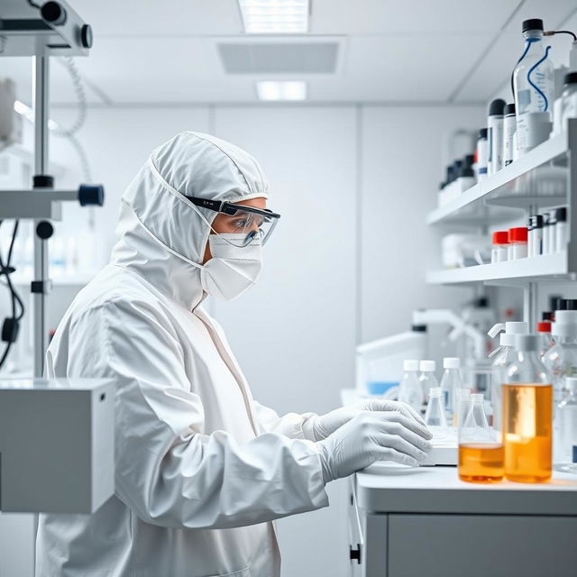 An intricate scene inside a DNA laboratory featuring a scientist dressed in a full white protective suit, including a mask, gloves, and safety goggles