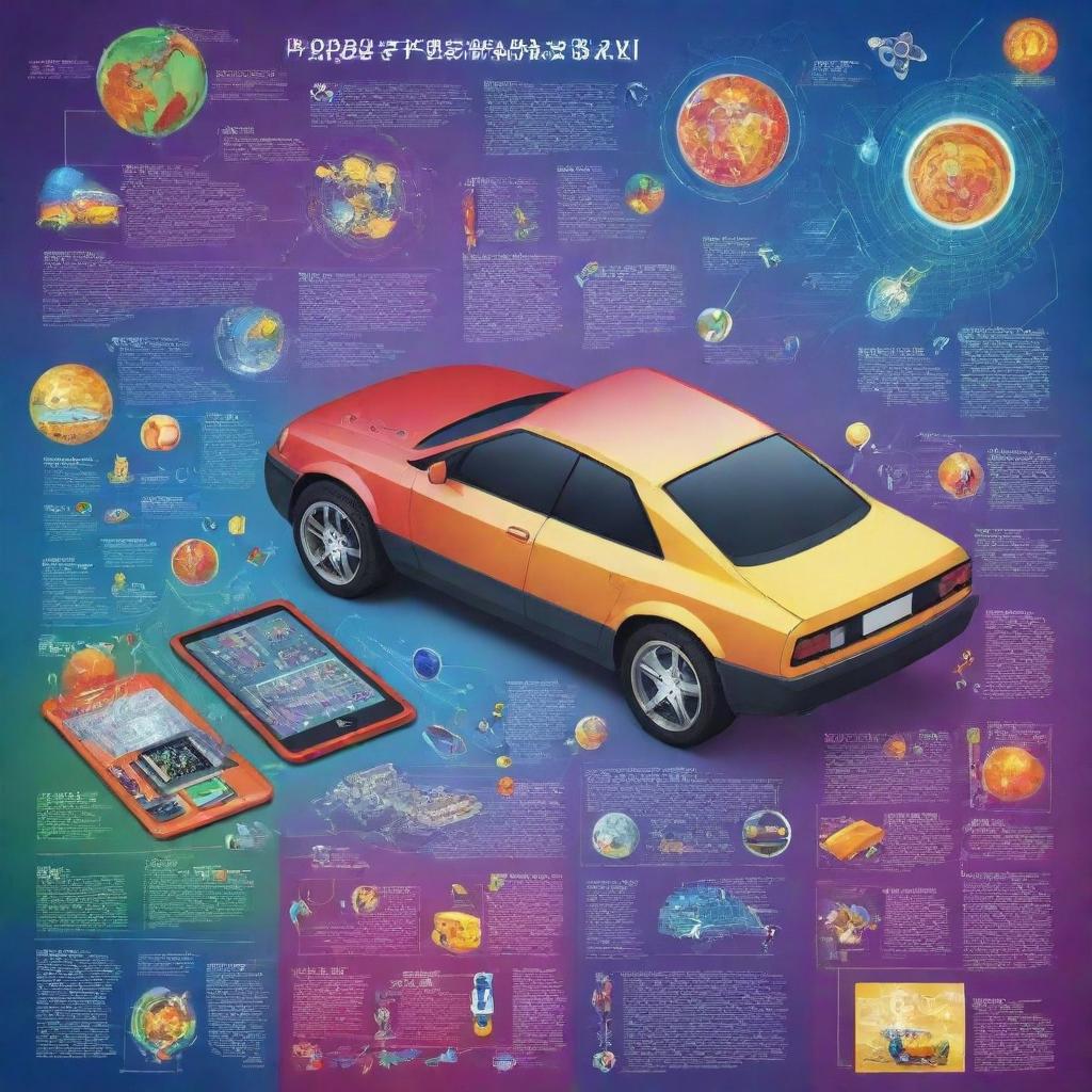 Design a dynamic and colorful poster showing the influence of science and technology in society, featuring elements such as smartphones, electric cars, advanced medical technology, renewable energy, and robotics.