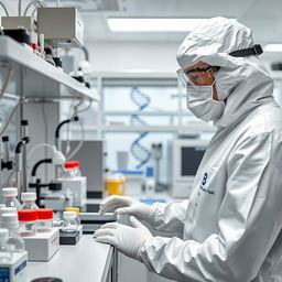 An intricate scene inside a DNA laboratory featuring a scientist dressed in a full white protective suit, including a mask, gloves, and safety goggles