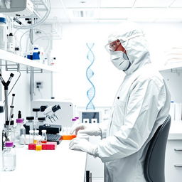 An intricate scene inside a DNA laboratory featuring a scientist dressed in a full white protective suit, including a mask, gloves, and safety goggles