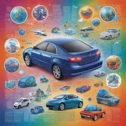 Design a dynamic and colorful poster showing the influence of science and technology in society, featuring elements such as smartphones, electric cars, advanced medical technology, renewable energy, and robotics.