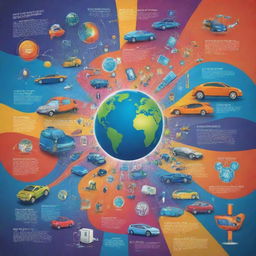 Design a dynamic and colorful poster showing the influence of science and technology in society, featuring elements such as smartphones, electric cars, advanced medical technology, renewable energy, and robotics.