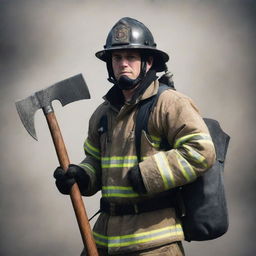 A brave fireman in full gear, powerfully carrying a gleaming axe over their shoulder, ready for action.