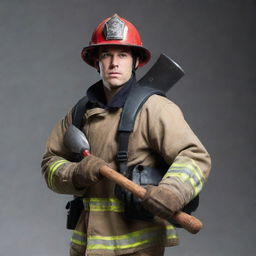 A brave fireman in full gear, powerfully carrying a gleaming axe over their shoulder, ready for action.