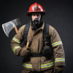 A brave fireman in full gear, powerfully carrying a gleaming axe over their shoulder, ready for action.