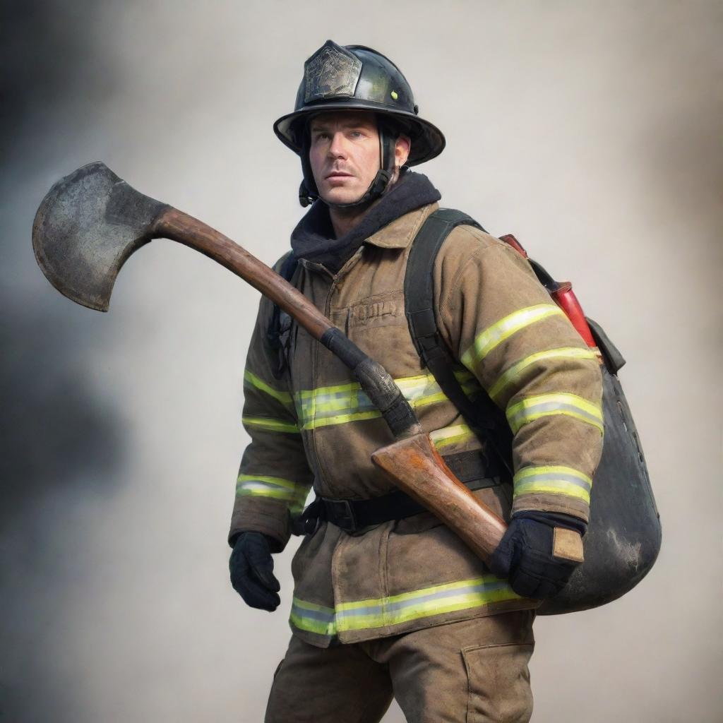 A brave fireman in full gear, powerfully carrying a gleaming axe over their shoulder, ready for action.