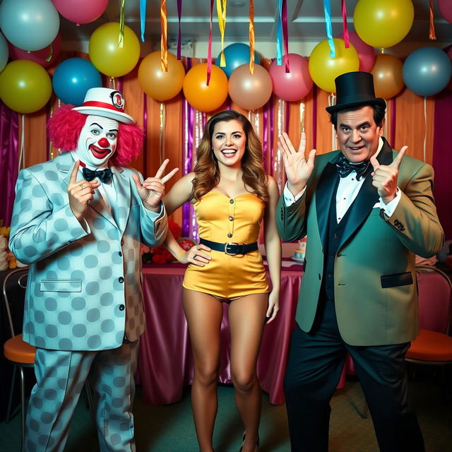 A humorous scene featuring a woman standing confidently in the center, flanked by two comically exaggerated men on either side