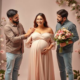 A warm and loving scene featuring a woman in the center, radiating joy and beauty in her pregnancy