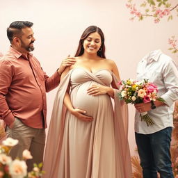 A warm and loving scene featuring a woman in the center, radiating joy and beauty in her pregnancy