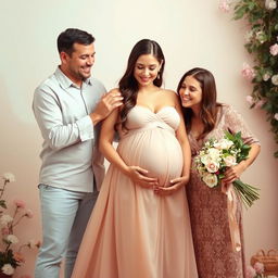 A warm and loving scene featuring a woman in the center, radiating joy and beauty in her pregnancy