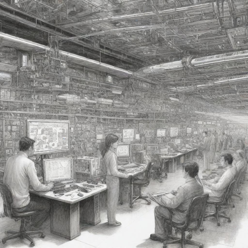 Sketch a detailed, black-and-white scene that indicates the impact of science and technology on society, featuring computers, AI robots, advanced scientific instruments, high-speed trains, and smart cities.