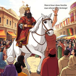 An illustrated biblical scene depicting Haman, dressed in regal attire, taking the royal clothing and a magnificent white horse