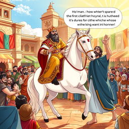 An illustrated biblical scene depicting Haman, dressed in regal attire, taking the royal clothing and a magnificent white horse